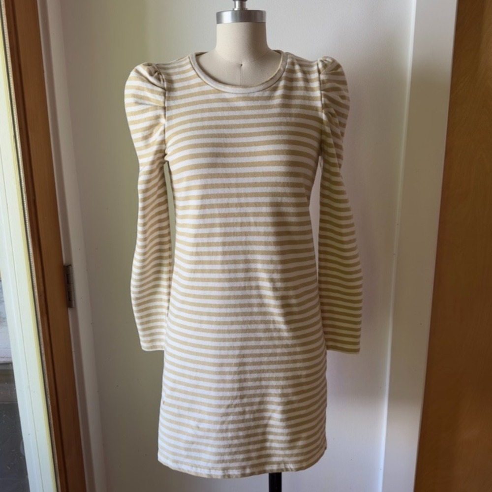 Rebecca Minkoff Talia Striped Mini Casual Dress-Camel & Ecru-Puff Sleeve-Size XS